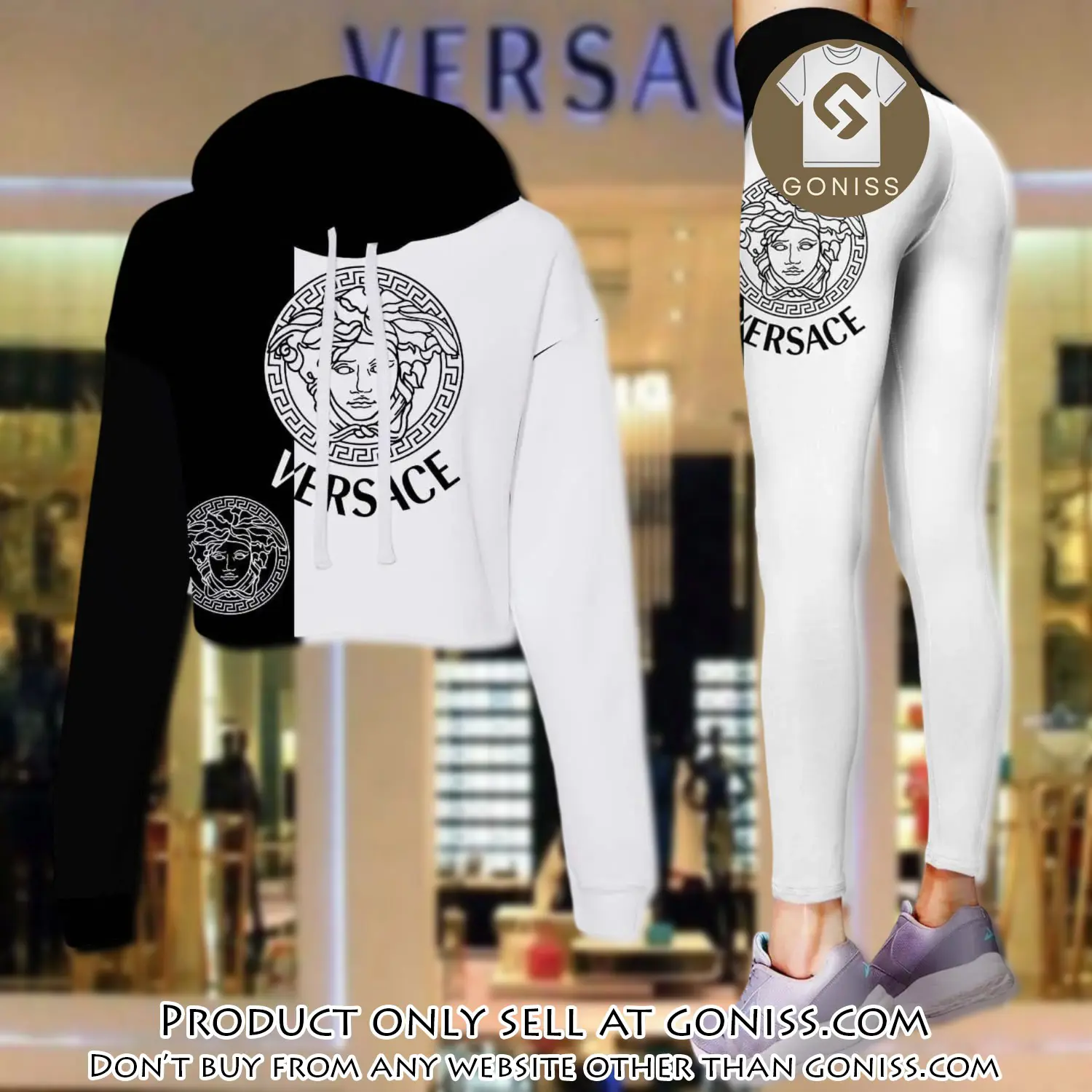 Versace black white luxury brand clothes leggings and crop top set for women gn0113217